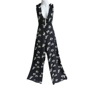 Honey Punch Floral Jumpsuit Plunging Neckline Bust Tie Zip Back Wide Leg S